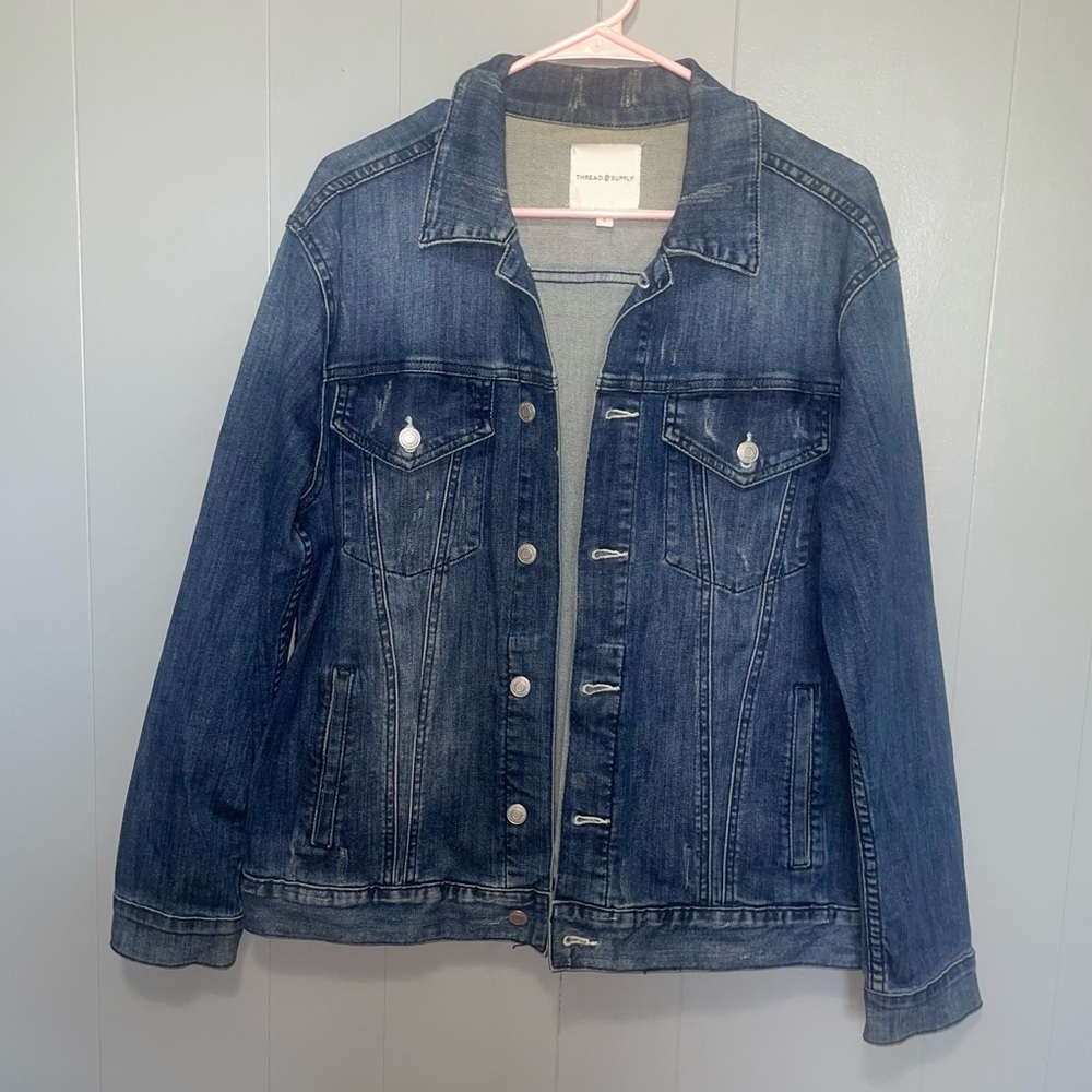 Thread & Supply Oversized Denim Blue Jean Jacket Dark Wash Distressed Size Small
